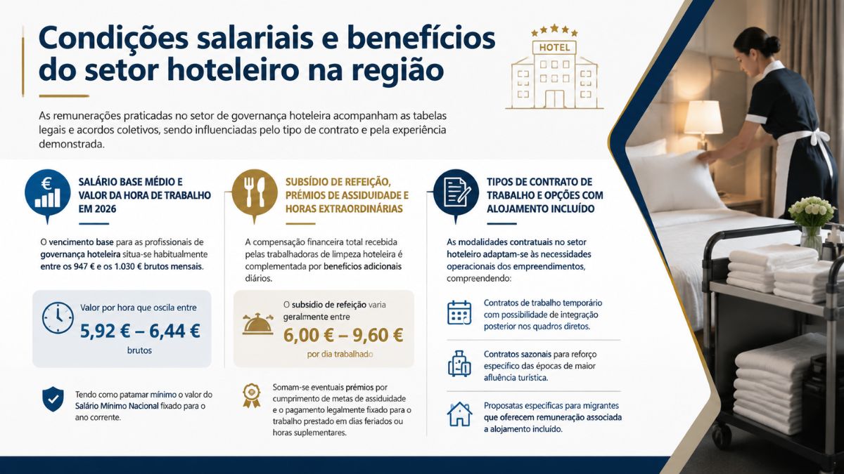 Infográfico detalhado sobre condições salariais e benefícios do setor hoteleiro em Espinho, com uma profissional de limpeza ao lado de um carrinho de rouparia, detalhando salário base de 2026, subsídio de refeição e tipos de contrato.