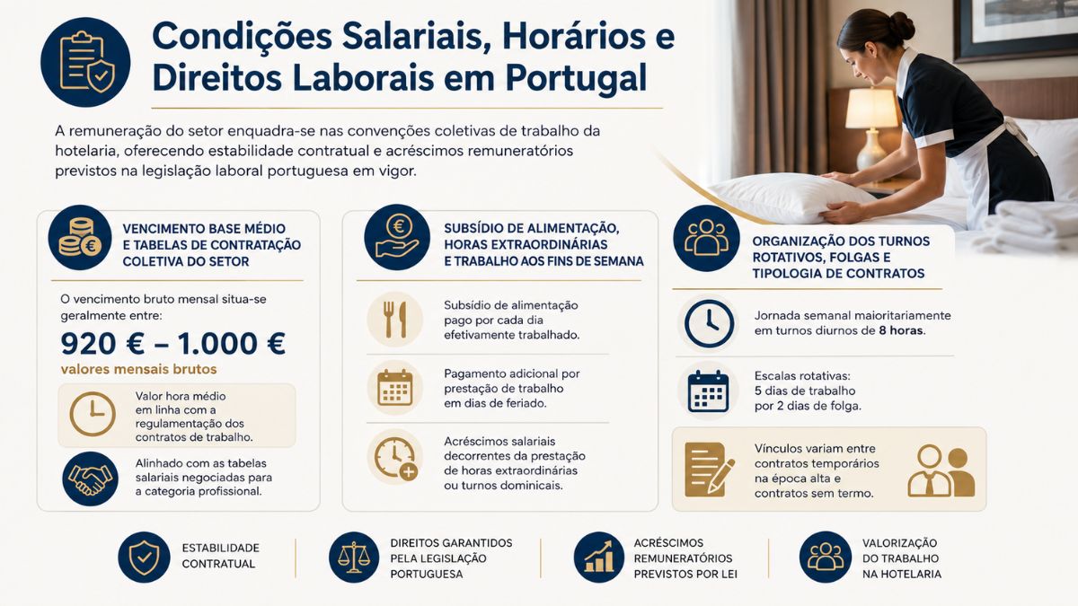 Infográfico sobre condições salariais, vencimento base médio, horários e direitos laborais para empregada de andares no setor hoteleiro português.