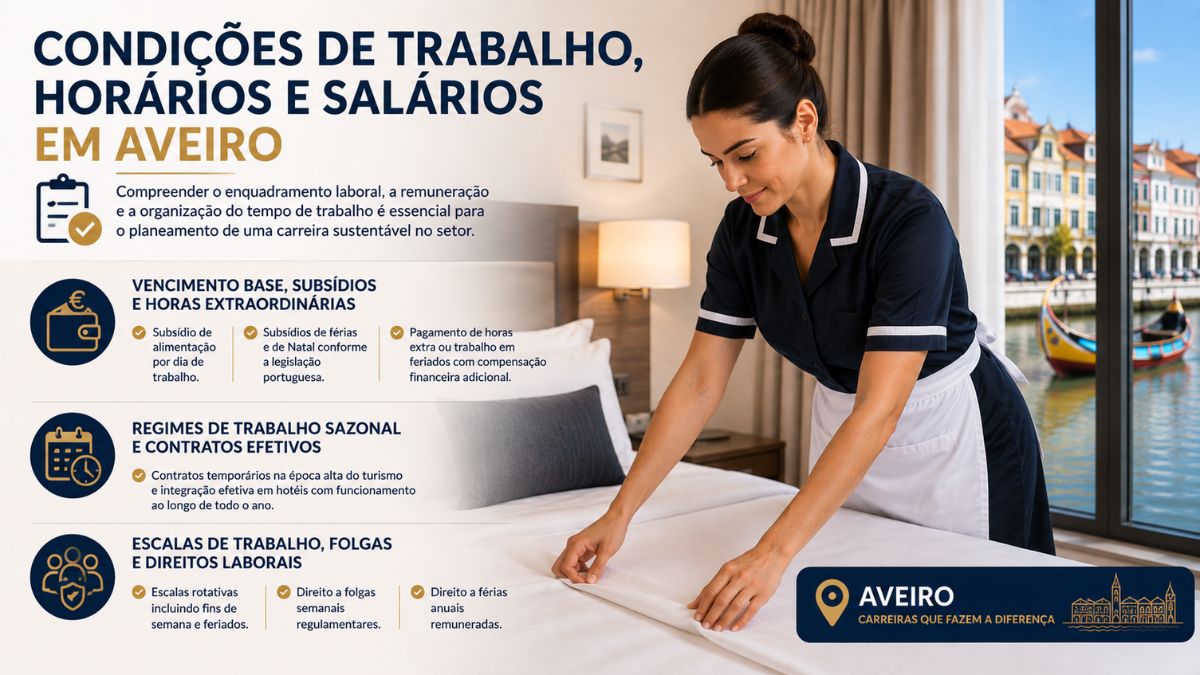 Infográfico explicativo sobre condições de trabalho, horários e salários em Aveiro, apresentando detalhes sobre vencimento base, subsídios, regimes sazonais e escalas de trabalho ao lado de uma profissional hoteleira uniformizada a preparar uma cama num hotel com vista para os canais de Aveiro.