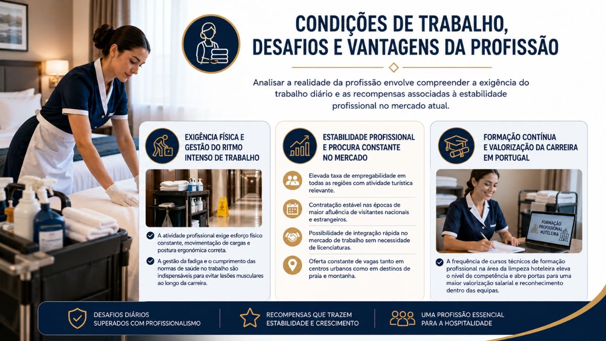 Infográfico explicativo sobre as condições de trabalho da empregada de andares, abordando a exigência física no housekeeping, a estabilidade profissional e a valorização da carreira em Portugal.