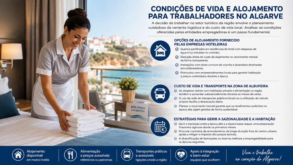 Infográfico em português-pt sobre condições de vida e alojamento para trabalhadores no Algarve, mostrando uma empregada de andares a arrumar um quarto em Albufeira.