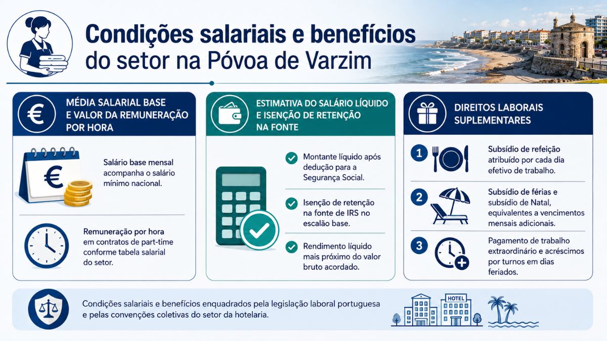 Infográfico com as condições salariais, benefícios e direitos laborais para empregada de andares na Póvoa de Varzim.