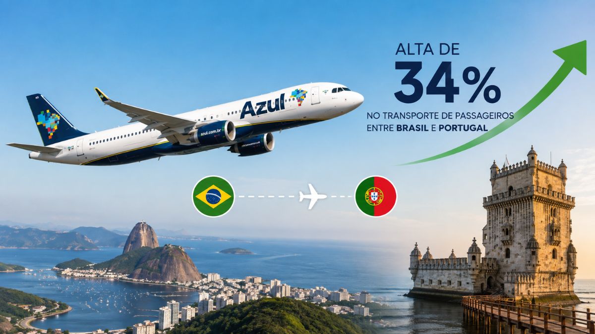 Avião da companhia aérea Azul em voo sobre uma composição com o Pão de Açúcar no Rio de Janeiro e a Torre de Belém em Lisboa, com a indicação de alta de 34% no transporte de passageiros entre o Brasil e Portugal.