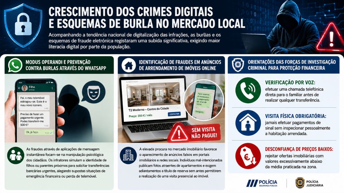 Infográfico sobre crimes digitais em Braga detalhando burlas do WhatsApp, fraudes em anúncios de arrendamento de imóveis e orientações policiais.