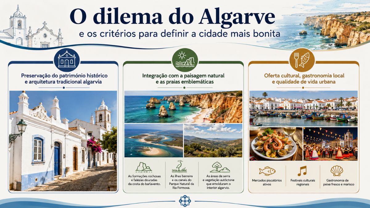 Infografia explicativa com os critérios para escolher a cidade mais bonita do Algarve, abordando património histórico, paisagem natural e gastronomia.