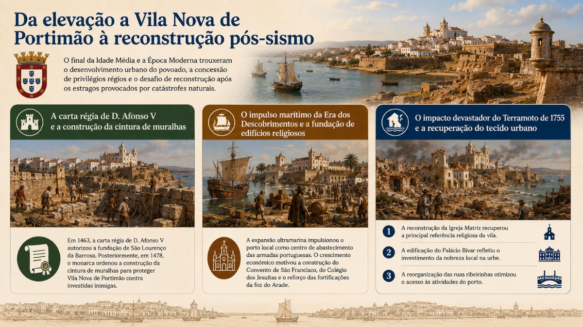 Infográfico histórico sobre Vila Nova de Portimão, mostrando a construção das muralhas, a Era dos Descobrimentos e a reconstrução pós-sismo de 1755.
