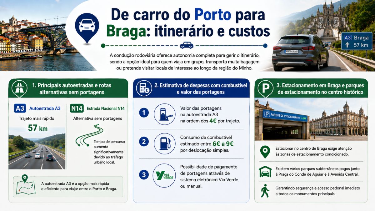 Infográfico explicativo sobre ir de carro do Porto para Braga, indicando a autoestrada A3 e a N14, estimativas de combustível, portagens e zonas de estacionamento no centro histórico.