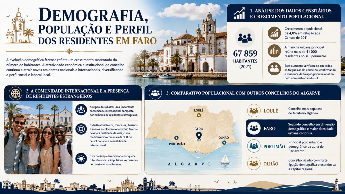 Infográfico demográfico sobre Faro que apresenta dados populacionais dos Censos de 2021 a presença de residentes estrangeiros e o comparativo com outros concelhos do Algarve.