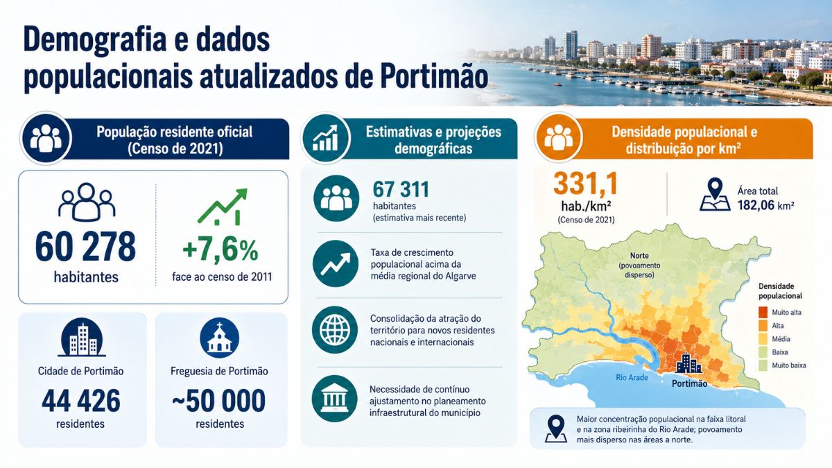 Infografia demográfica com dados da população de Portimão, registando 60 278 habitantes no Censo de 2021, estimativa de 67 311 residentes, densidade de 331,1 habitantes por quilómetro quadrado e mapa de distribuição populacional.