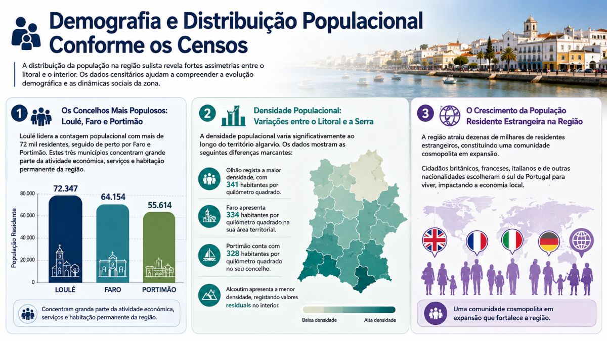Infográfico sobre a demografia do Algarve mostrando gráficos da população de Loulé, Faro e Portimão, mapa de densidade populacional e dados sobre residentes estrangeiros na região.