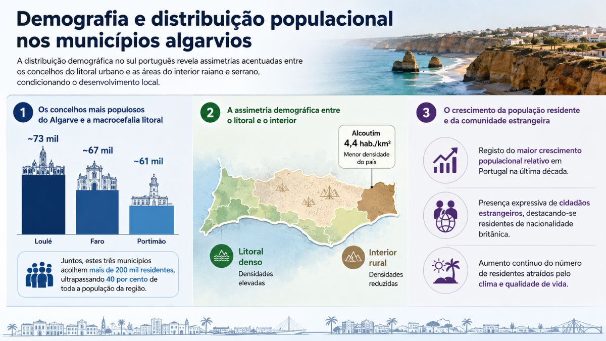 Infográfico sobre a demografia do Algarve em Portugal, detalhando a população de Loulé, Faro e Portimão, a assimetria entre litoral e interior, e o crescimento demográfico.