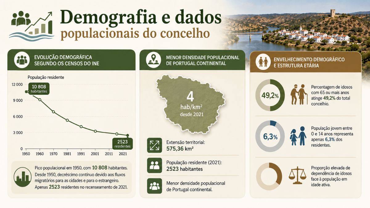 Infográfico sobre a demografia de Alcoutim mostrando gráfico de evolução populacional dos Censos do INE, densidade populacional e estrutura etária.