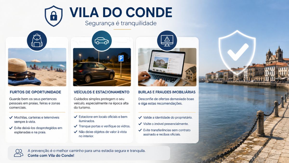 Infográfico com conselhos de segurança em Vila do Conde sobre prevenção de furtos na praia, cuidados com estacionamento e fraudes imobiliárias.