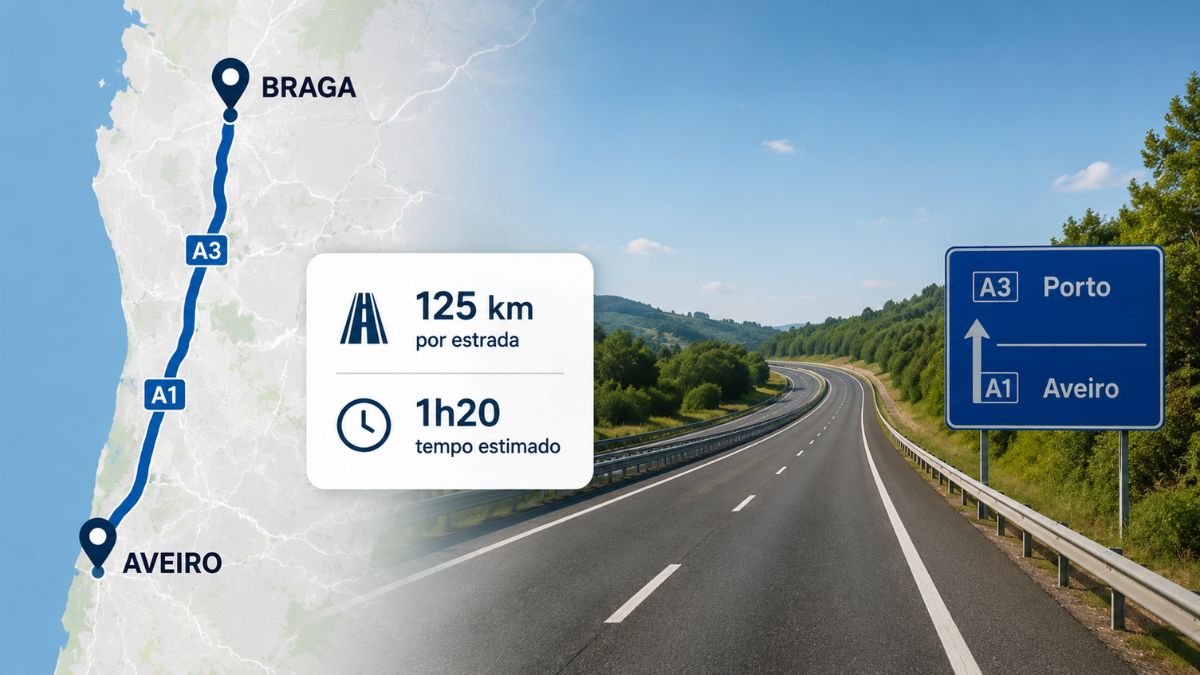 Mapa do itinerário rodoviário entre Braga e Aveiro indicando a distância de 125 quilómetros pelas autoestradas A3 e A1 com tempo estimado de 1 hora e 20 minutos.