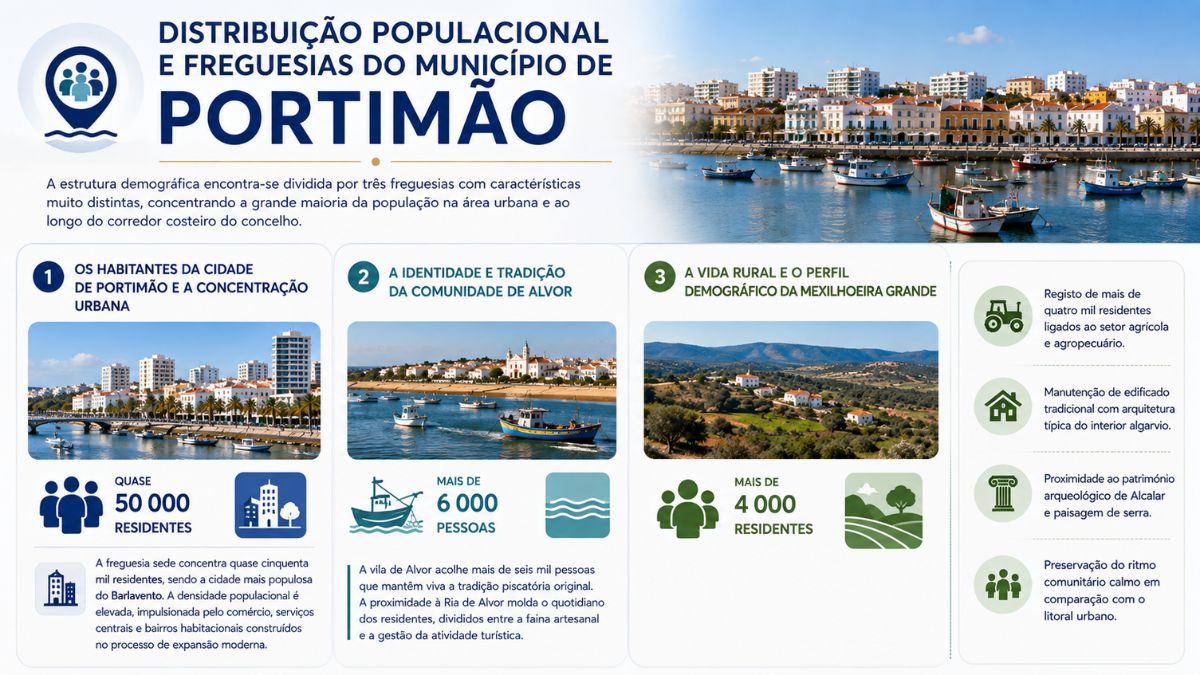 Infografia sobre a distribuição populacional e freguesias do município de Portimão, detalhando a concentração urbana na cidade, a comunidade de Alvor e o perfil rural da Mexilhoeira Grande.