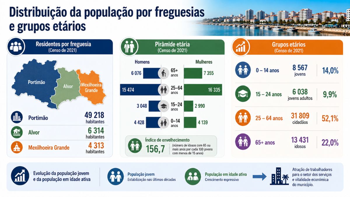 Infografia da distribuição populacional de Portimão por freguesias e faixas etárias, mostrando os residentes de Portimão, Alvor e Mexilhoeira Grande, a pirâmide etária e o índice de envelhecimento.