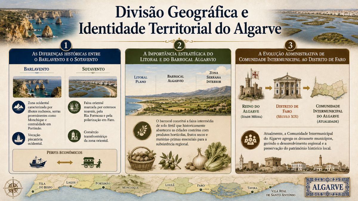 Infográfico sobre a divisão geográfica e identidade territorial do Algarve destacando as diferenças entre Barlavento e Sotavento, o barrocal e a evolução administrativa.