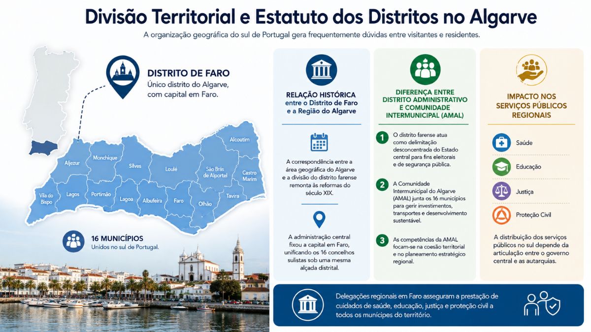 Infográfico explicativo sobre a divisão territorial do Algarve detalhando o mapa dos 16 municípios, a relação histórica do Distrito de Faro, as diferenças para a Comunidade Intermunicipal AMAL e o impacto nos serviços públicos regionais.