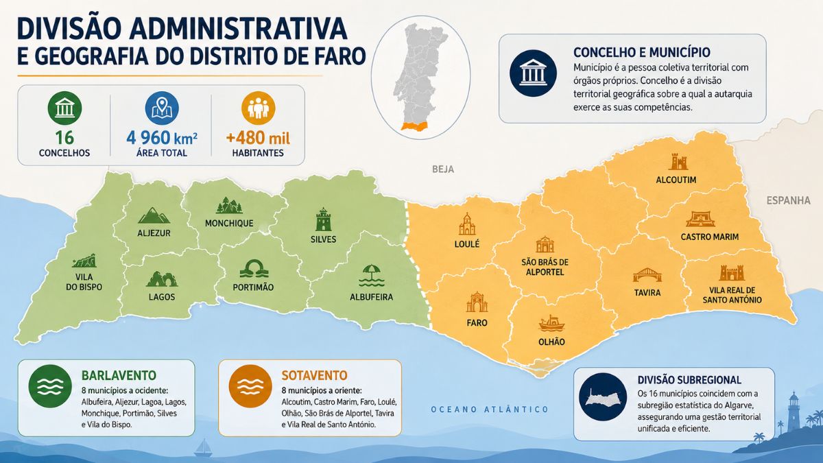 Infográfico com o mapa dos 16 concelhos do distrito de Faro, destacando a divisão territorial do Algarve entre Barlavento e Sotavento, com estatísticas de área e população.