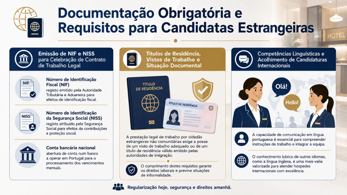 Infográfico detalhando a documentação obrigatória para trabalhar como empregada de andares em Portugal, incluindo NIF, NISS, título de residência e competências linguísticas.