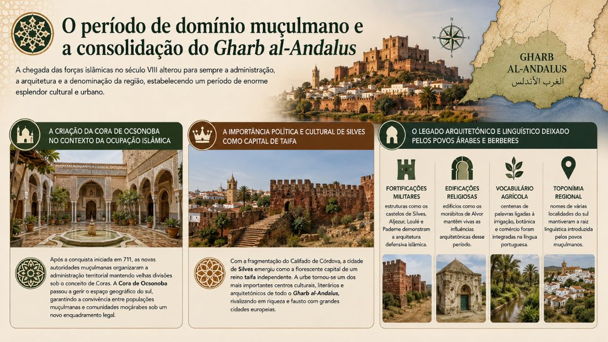 Infografia sobre o período de domínio muçulmano no Algarve destacando a cidade de Silves o Castelo e o legado arquitetónico no Gharb al-Andalus.