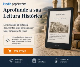 E-reader Kindle Paperwhite exibindo texto e imagem de ruínas gregas com mensagem sobre aprofundar leitura histórica. Ao fundo cenário grego e livros antigos.