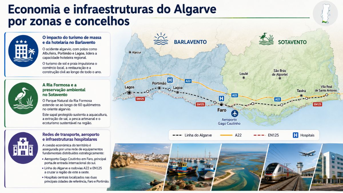 Infográfico sobre a economia e infraestruturas do Algarve em Portugal, destacando o turismo no Barlavento, a Ria Formosa no Sotavento, redes de transporte e hospitais.