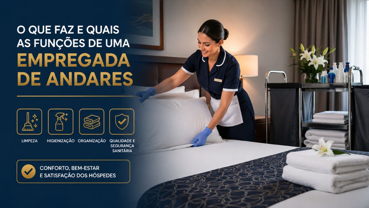 Empregada de andares devidamente uniformizada a preparar a cama de um quarto de hotel de luxo, com um carrinho de apoio de housekeeping e ícones representativos de limpeza, higienização, organização, segurança sanitária e satisfação dos hóspedes.