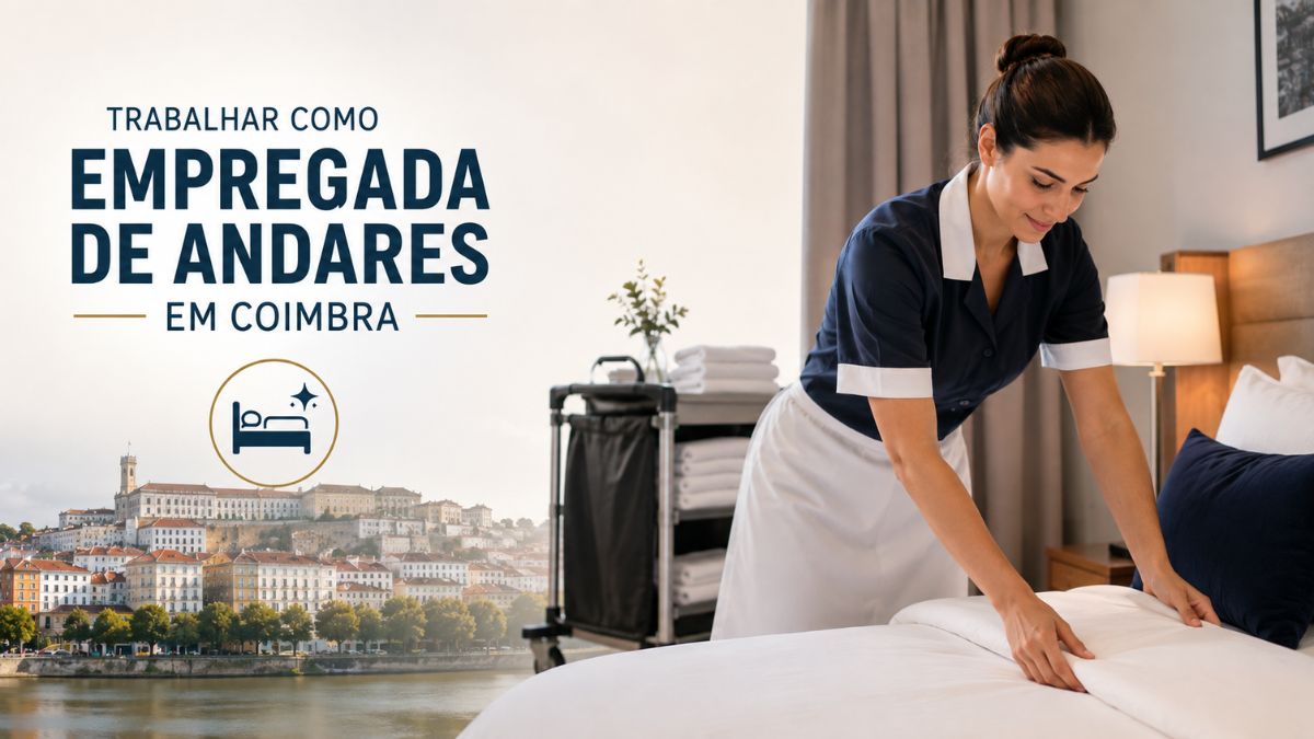 Empregada de andares devidamente uniformizada a preparar a cama num quarto de hotel com o carrinho de limpeza ao fundo e a vista panorâmica da cidade de Coimbra.