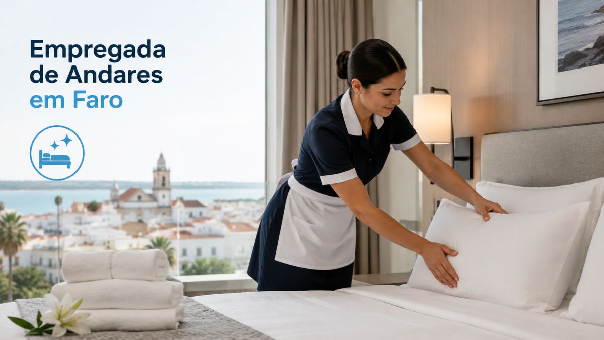 Empregada de andares fardada a arrumar cuidadosamente a cama num quarto de hotel moderno em Faro, destacando toalhas brancas dobradas e a vista panorâmica sobre a cidade histórica do Algarve.