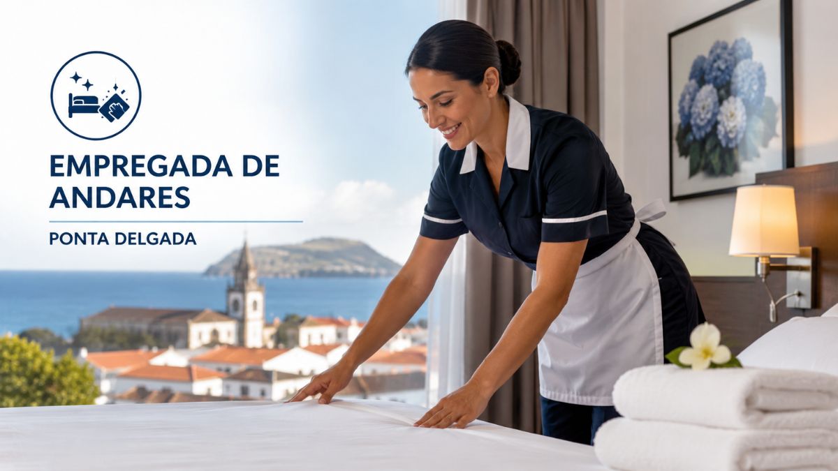 Empregada de andares a preparar a cama num quarto de hotel com vista panorâmica para a cidade de Ponta Delgada e o mar dos Açores.