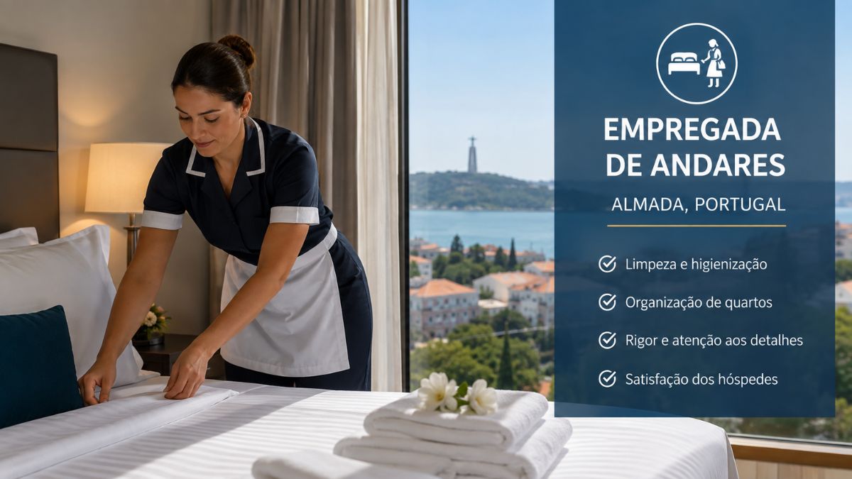 Empregada de andares em Almada a arrumar uma cama de hotel com lençóis brancos e fardamento azul, num quarto com vista panorâmica para o rio Tejo.