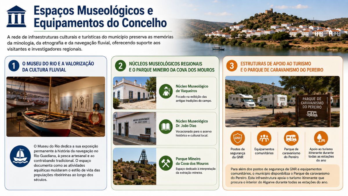 Infográfico sobre equipamentos culturais e turísticos de Alcoutim incluindo o Museu do Rio, núcleos museológicos, o Parque Mineiro e o Parque de Caravanismo do Pereiro.