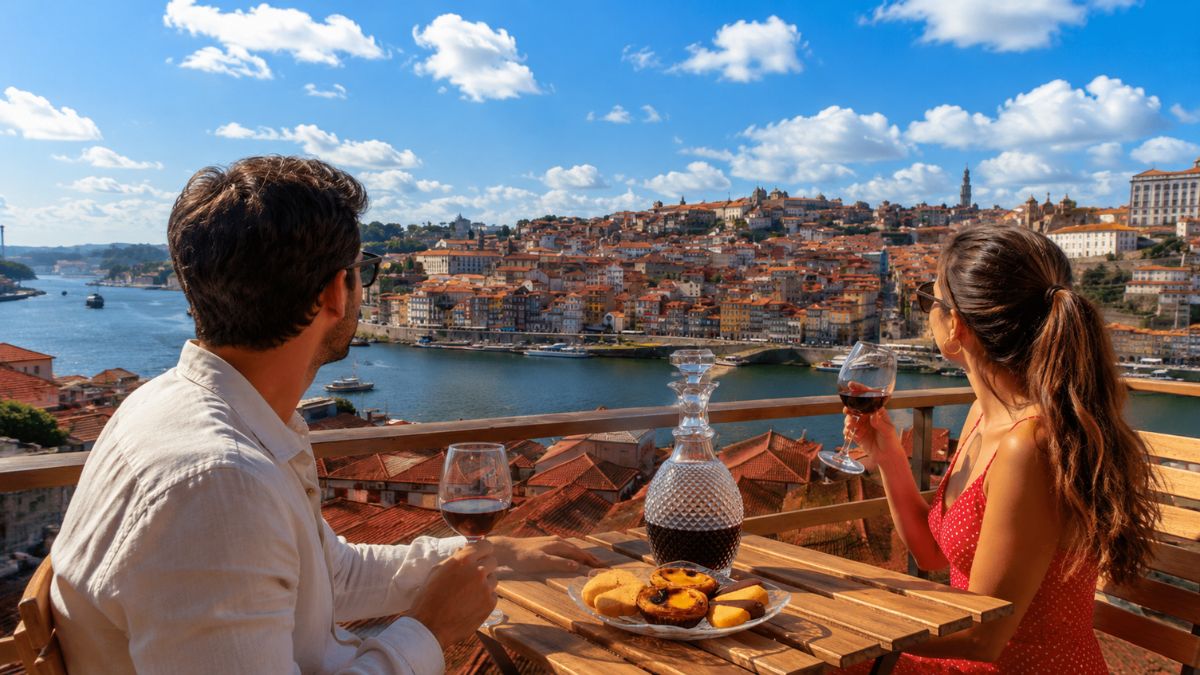 Casal sentado em uma esplanada com vista para o rio Douro e a cidade do Porto, degustando vinho e pastéis de nata.