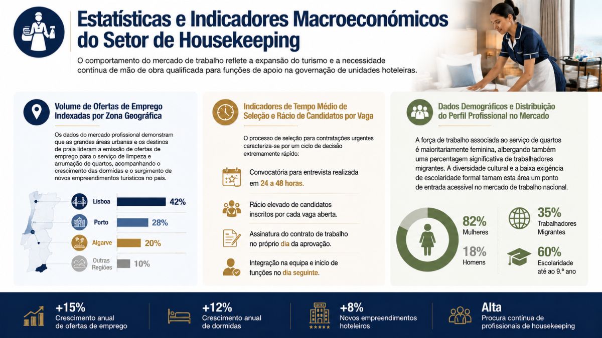 Infografico sobre estatisticas e indicadores macroeconomicos do setor de housekeeping em Portugal com dados geograficos e perfil profissional.