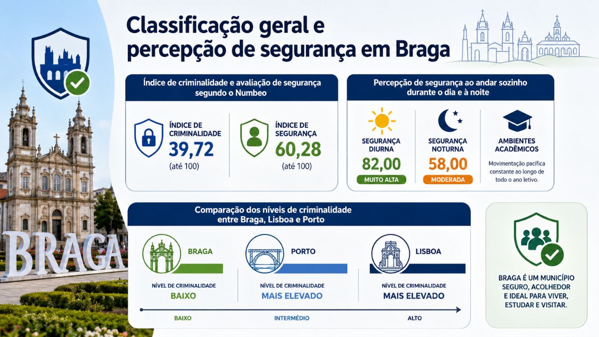 Infográfico detalhado com estatísticas do Numbeo sobre segurança diurna, noturna e nível de criminalidade em Braga comparado com Lisboa e Porto.