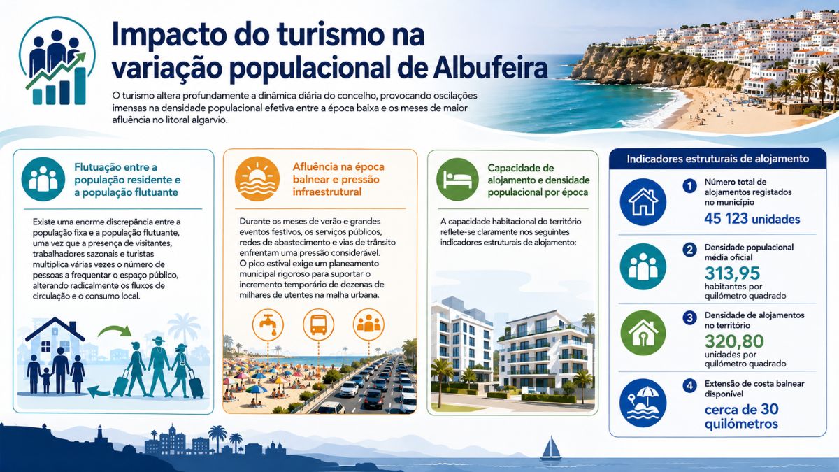 Infográfico visual detalhando a flutuação populacional, infraestrutura urbana e capacidade habitacional de Albufeira por causa do turismo.