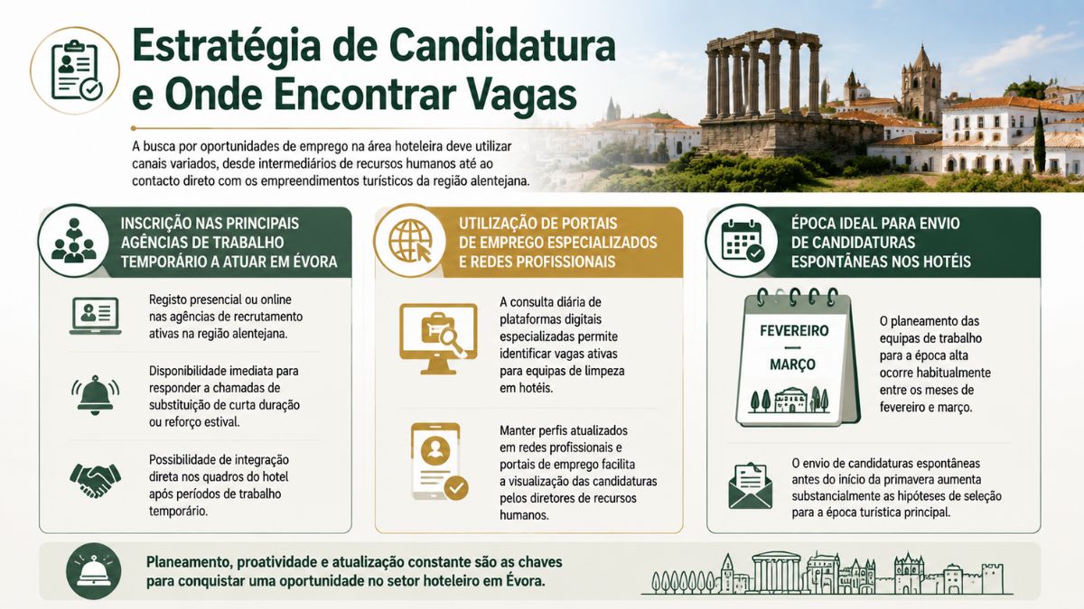 Infográfico sobre estratégias de candidatura e procura de emprego na hotelaria em Évora, detalhando agências de trabalho temporário, portais especializados e períodos ideais para recrutamento.