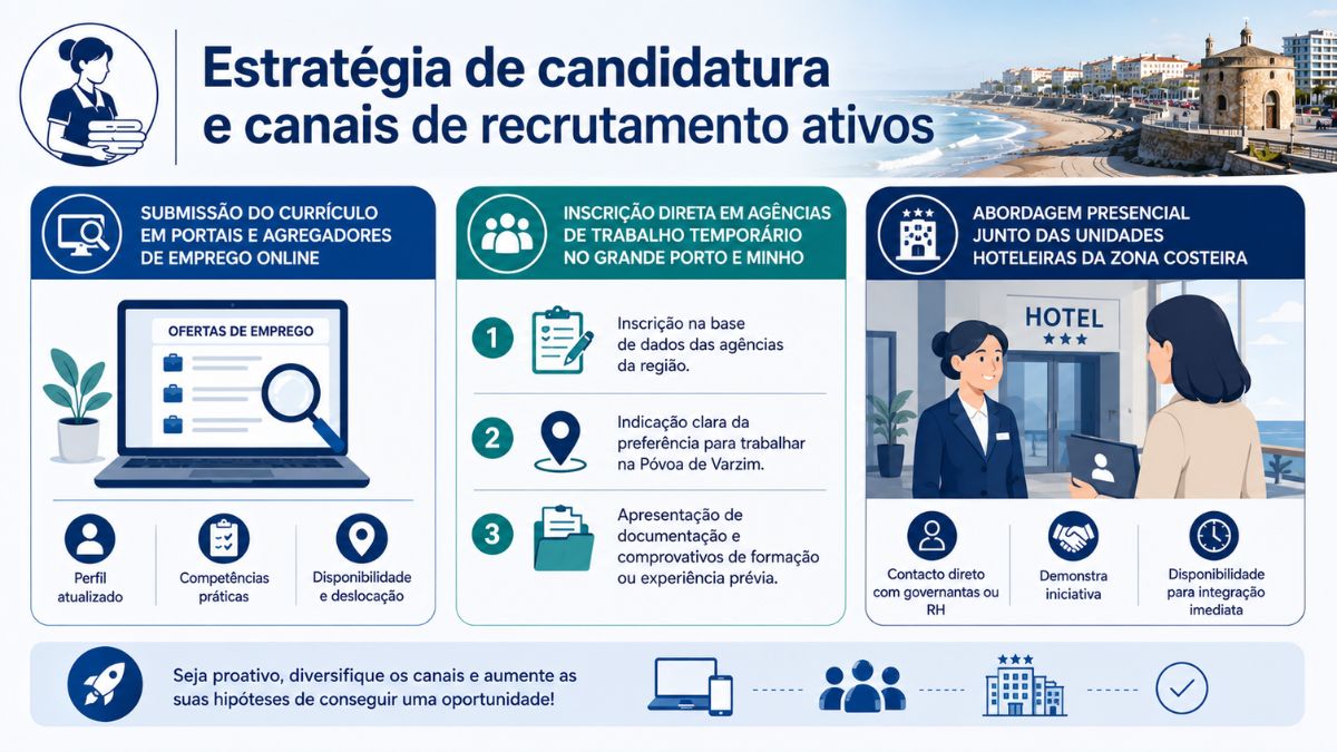 Infográfico com estratégias de candidatura e canais de recrutamento para empregada de andares na Póvoa de Varzim.