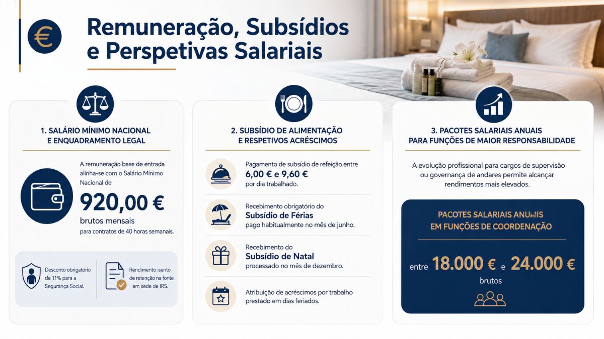 Infográfico informativo sobre condições remuneratórias hoteleiras, apresentando o salário mínimo nacional de 920 euros, subsídio de alimentação, subsídios anuais e valores de coordenação.
