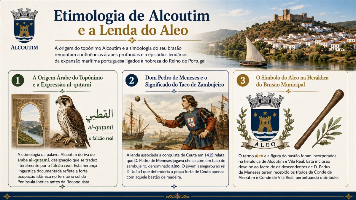 Infográfico histórico sobre a etimologia do nome Alcoutim mostrando um falcão real, a lenda de Dom Pedro de Meneses e o brasão municipal com a palavra Aleo.
