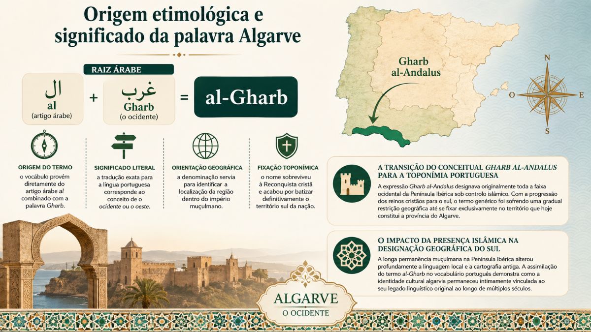 Infografia explicativa sobre a origem etimológica da palavra Algarve mostrando a soma do artigo al com Gharb formando al-Gharb e o mapa do Gharb al-Andalus.