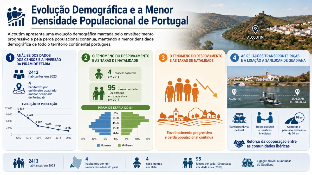 Infográfico sobre a evolução demográfica de Alcoutim mostrando gráficos da densidade populacional, pirâmide etária, dados de natalidade e ligação a Sanlúcar de Guadiana.