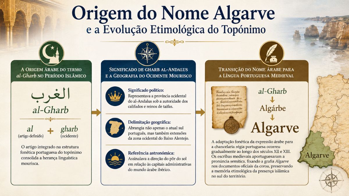 Infográfico explicativo sobre a origem do nome Algarve com três etapas etimológicas desde a palavra árabe al-Gharb até ao topónimo português.