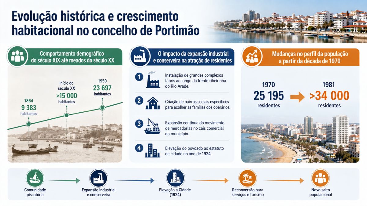 Infografia sobre a evolução histórica da população de Portimão, ilustrando o crescimento de 9 383 habitantes em 1864 para 23 697 em 1950, o impacto da indústria conserveira e a expansão para mais de 34 000 residentes em 1981.
