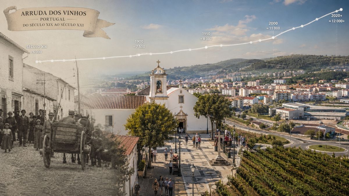 Composição gráfica mostrando o crescimento populacional histórico de Arruda dos Vinhos com imagens antigas em preto e branco e vista moderna atual.