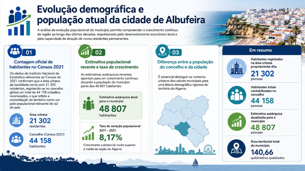 Infográfico detalhado sobre a evolução demográfica da cidade de Albufeira com gráficos, mapa concelhio e dados estatísticos populacionais.