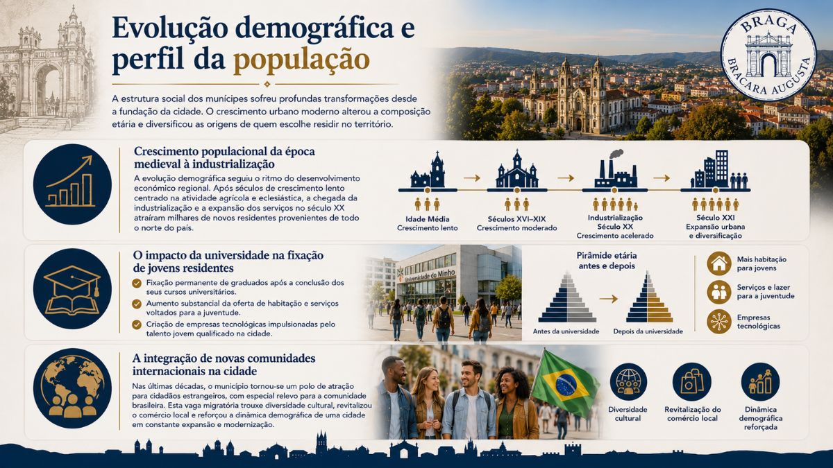 Infográfico sobre a evolução demográfica e o perfil da população de Braga com gráficos de crescimento histórico, impacto universitário e diversidade internacional.