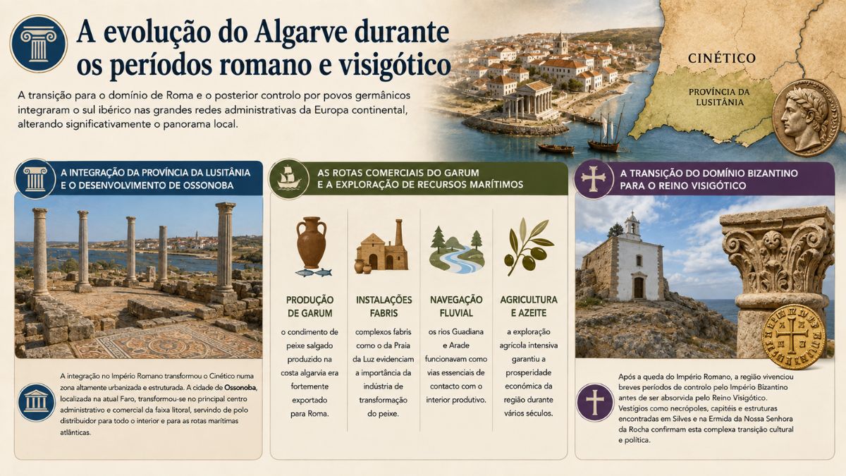 Infografia sobre a evolução do Algarve nos períodos romano e visigótico com mapa da Lusitânia ruínas de Ossonoba e produção de garum.