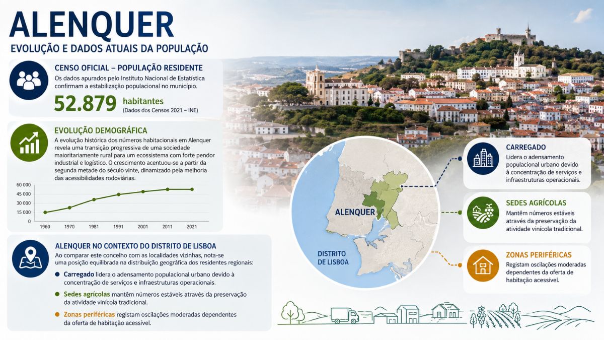 Infográfico com a evolução demográfica da população de Alenquer, dados do Censo oficial do Instituto Nacional de Estatística com 52.879 habitantes, gráfico de crescimento histórico de 1960 a 2021 e mapa de localização no distrito de Lisboa.